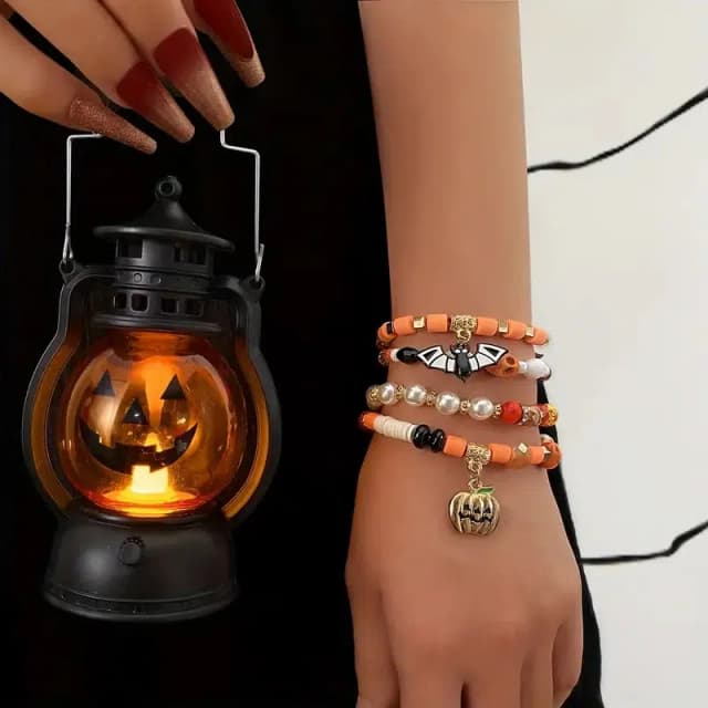 24 piece set, Halloween beaded Elastic bracelet Goth Horror Ghost Pumpkin Spider Cat Witch Charm Bracelet - Halloween Costume Jewelry Gifts, Halloween decorations, Halloween Interior Decorations, Halloween Outdoor Decorations, Halloween Party